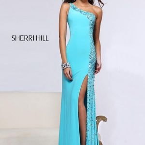 Sherri Hill 21160 turquoise one shoulder dress
